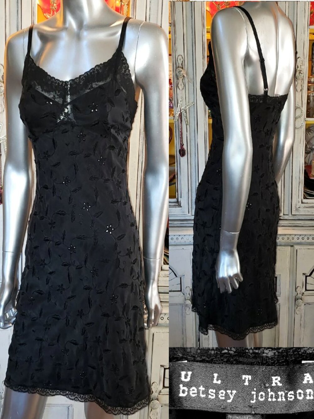 Vintage Betsey Johnson ULTRA Black Silk Embroidered Floral Lace Slip Dress Small - Picture 1 of 15